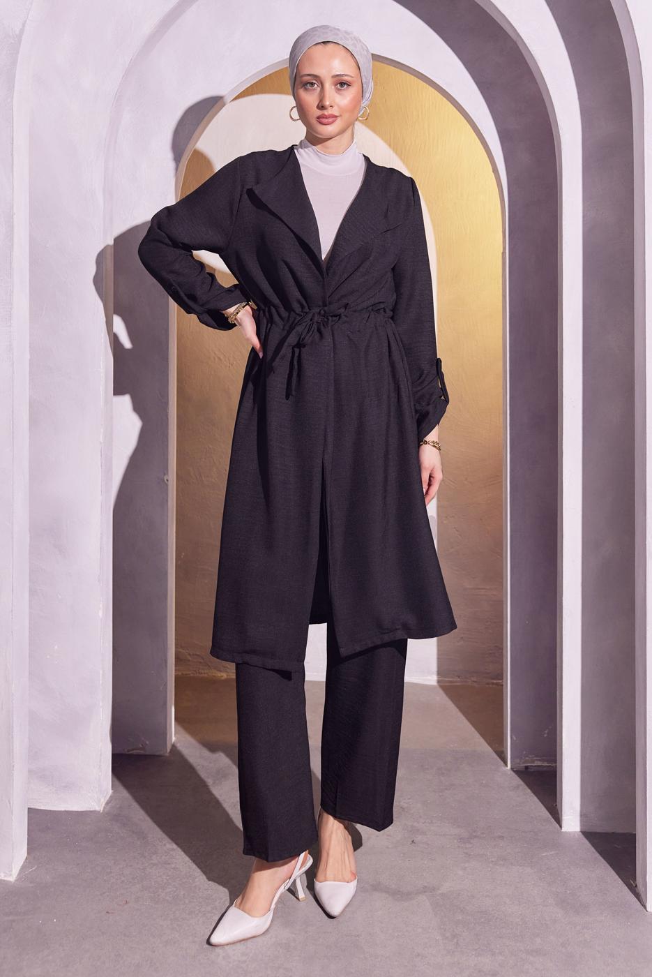 Tesettür giyim SİYAH BELDEN BAĞLAMALI PANTOLONLU TAKIM T 6704