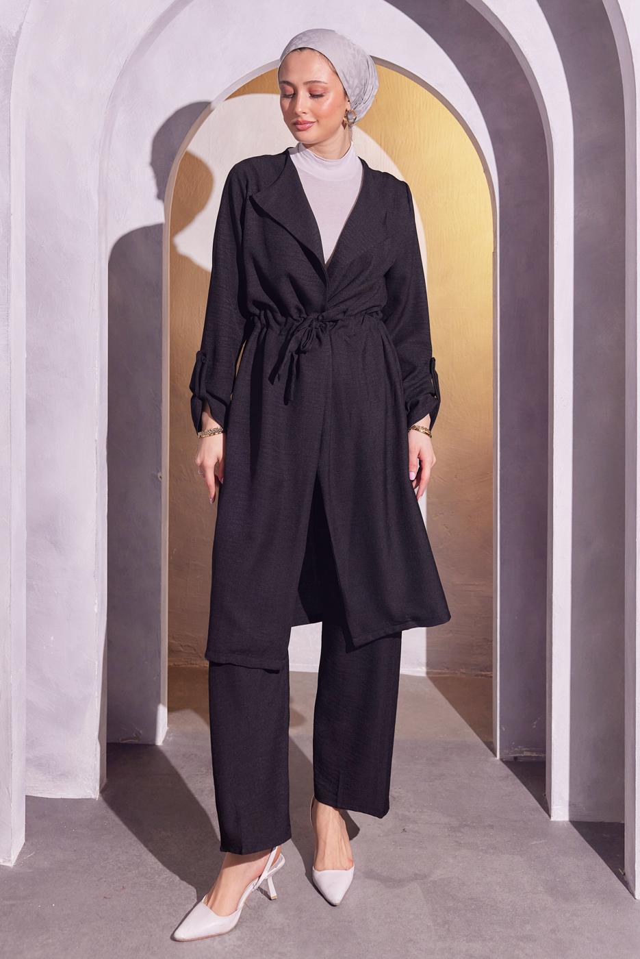 Tesettür giyim SİYAH BELDEN BAĞLAMALI PANTOLONLU TAKIM T 6704
