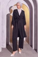 Tesettür giyim SİYAH BELDEN BAĞLAMALI PANTOLONLU TAKIM T 6704