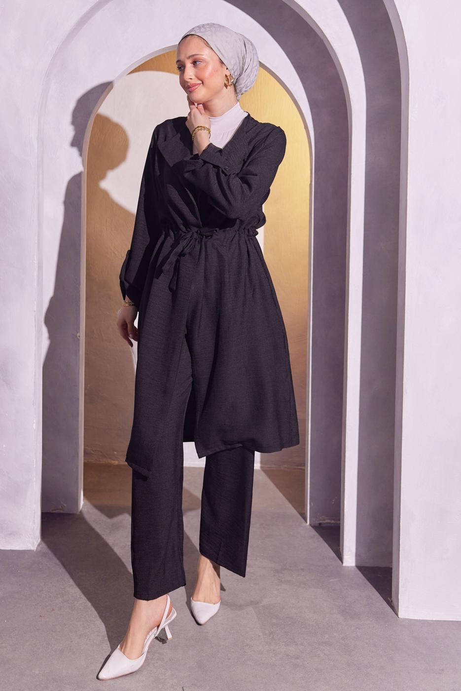 Tesettür giyim SİYAH BELDEN BAĞLAMALI PANTOLONLU TAKIM T 6704