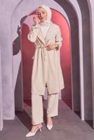 Tesettür giyim BEJ BELDEN BAĞLAMALI PANTOLONLU TAKIM T 6704