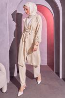 Tesettür giyim BEJ BELDEN BAĞLAMALI PANTOLONLU TAKIM T 6704