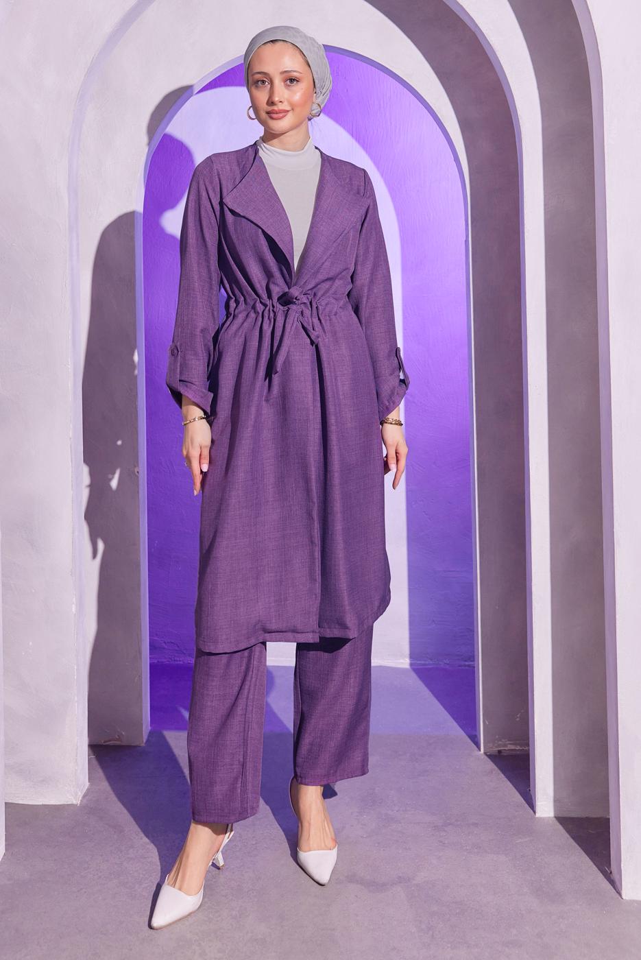 Tesettür giyim MOR BELDEN BAĞLAMALI PANTOLONLU TAKIM T 6704