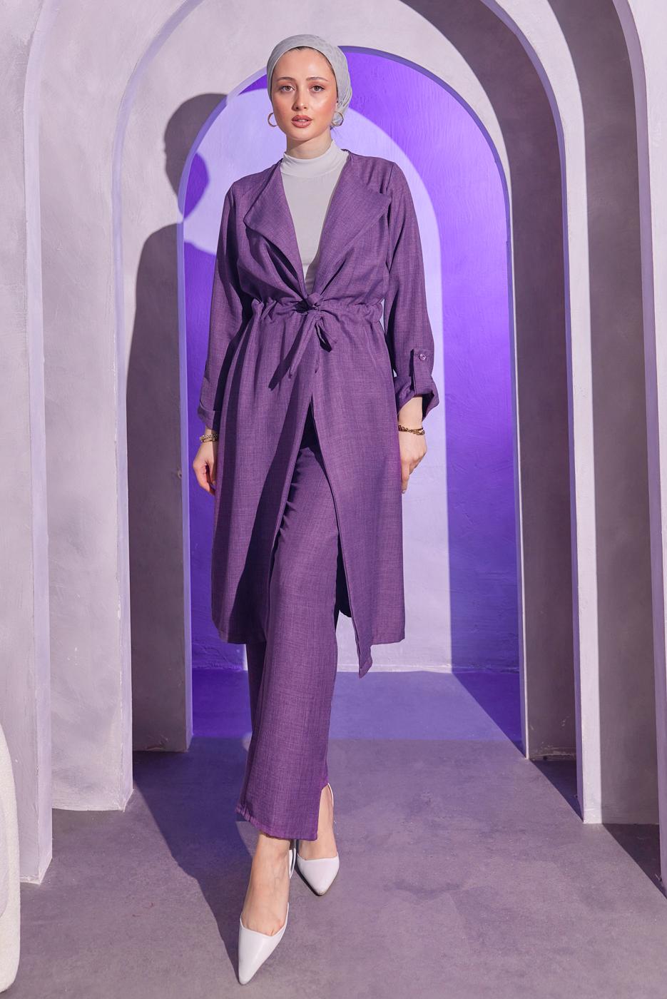 Tesettür giyim MOR BELDEN BAĞLAMALI PANTOLONLU TAKIM T 6704