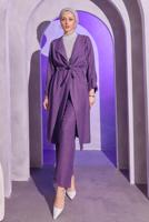 Tesettür giyim MOR BELDEN BAĞLAMALI PANTOLONLU TAKIM T 6704