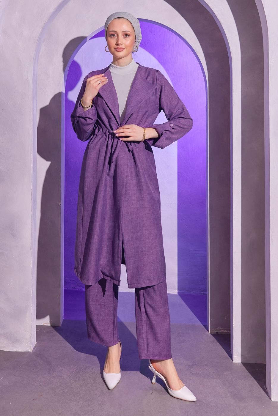 Tesettür giyim MOR BELDEN BAĞLAMALI PANTOLONLU TAKIM T 6704