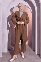 Tesettür giyim KAHVE BELDEN BAĞLAMALI PANTOLONLU TAKIM T 6704