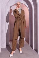 Tesettür giyim KAHVE BELDEN BAĞLAMALI PANTOLONLU TAKIM T 6704