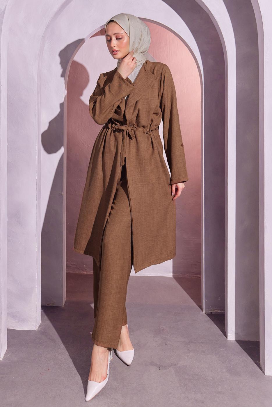Tesettür giyim KAHVE BELDEN BAĞLAMALI PANTOLONLU TAKIM T 6704