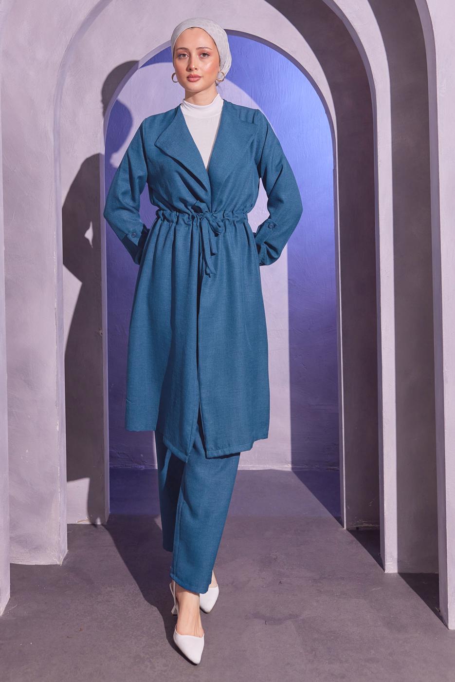 Tesettür giyim LACİVERT BELDEN BAĞLAMALI PANTOLONLU TAKIM T 6704