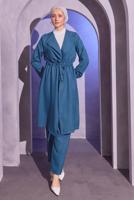 Tesettür giyim LACİVERT BELDEN BAĞLAMALI PANTOLONLU TAKIM T 6704