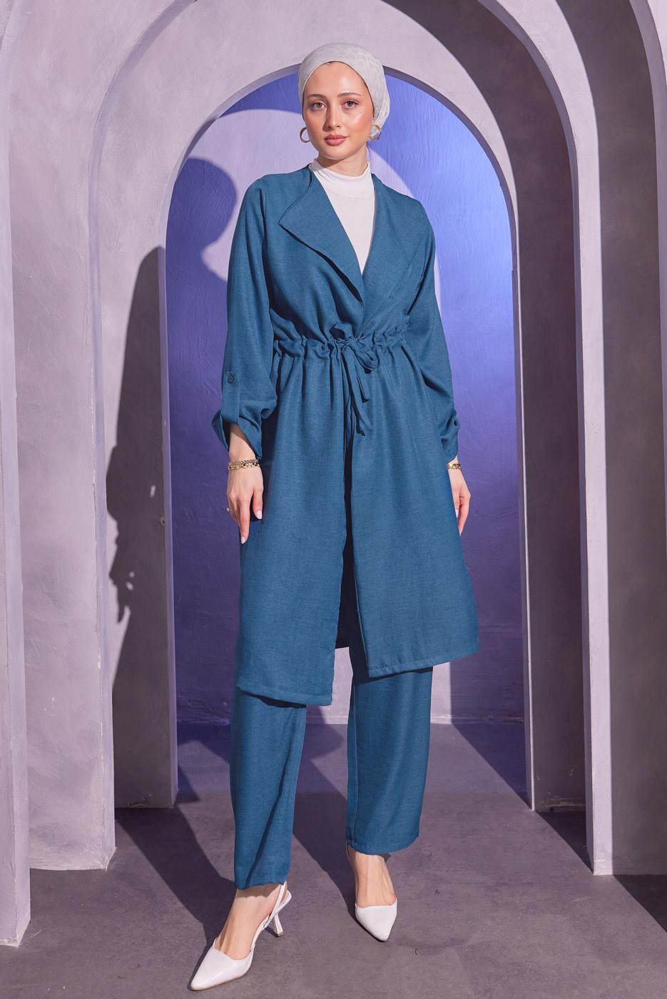 Tesettür giyim LACİVERT BELDEN BAĞLAMALI PANTOLONLU TAKIM T 6704