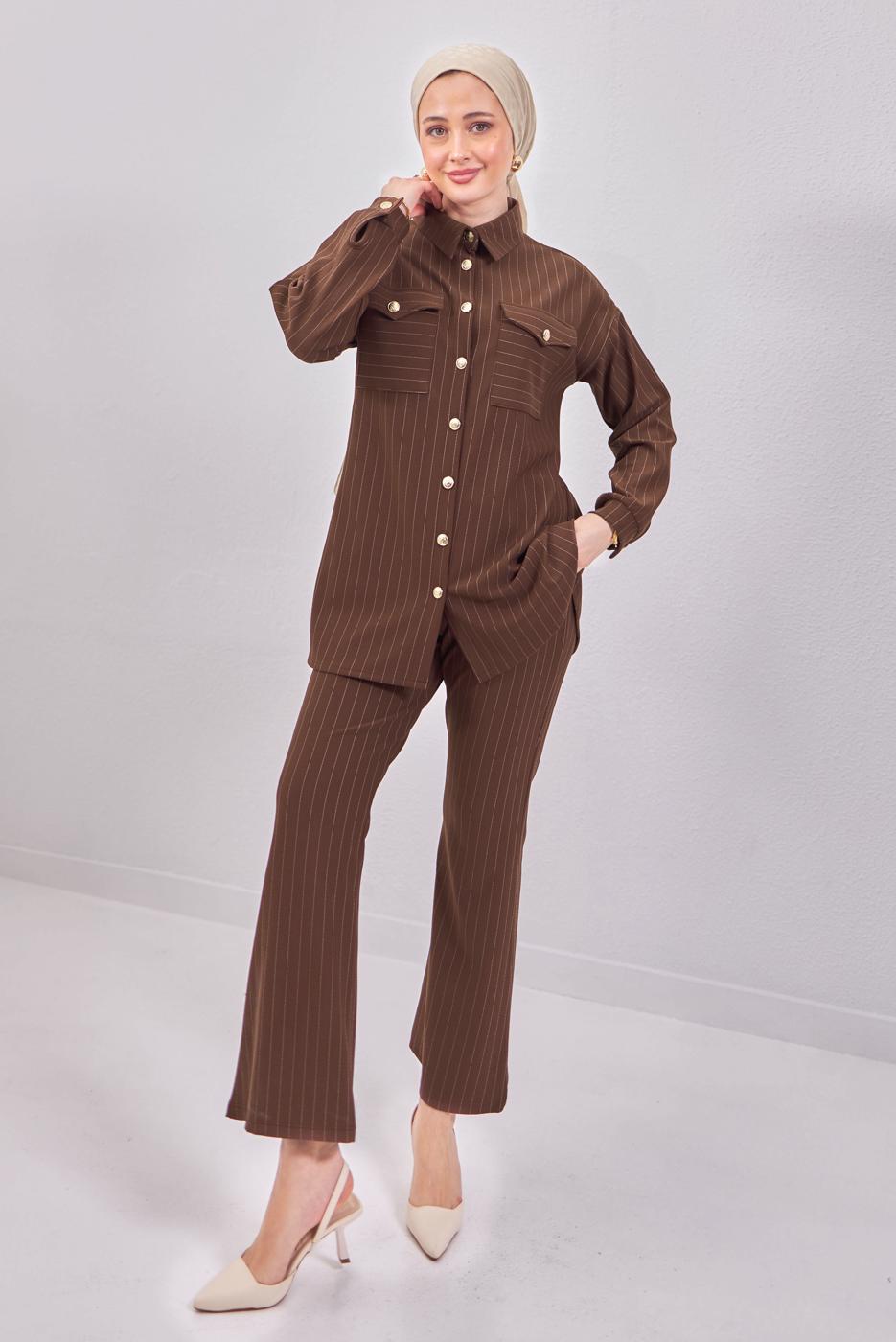 Tesettür giyim KAHVE ÇİZGİLİ PANTOLONLU TAKIM T 6883