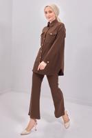 Tesettür giyim KAHVE ÇİZGİLİ PANTOLONLU TAKIM T 6883