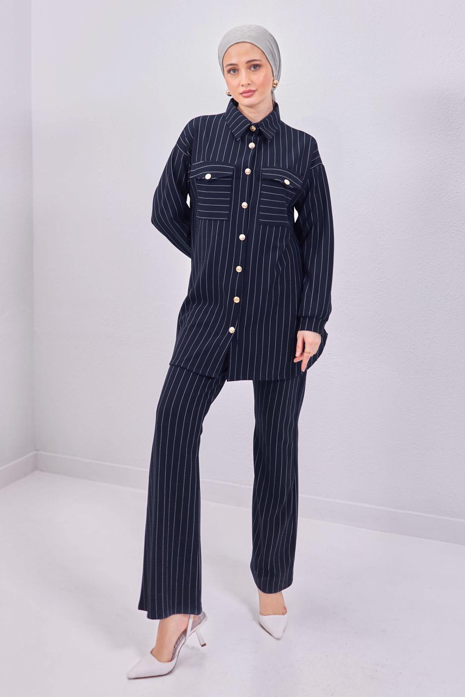 Tesettür giyim LACİVERT ÇİZGİLİ PANTOLONLU TAKIM T 6883