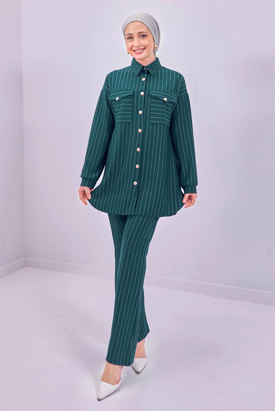 Tesettür giyim YEŞİL ÇİZGİLİ PANTOLONLU TAKIM T 6883