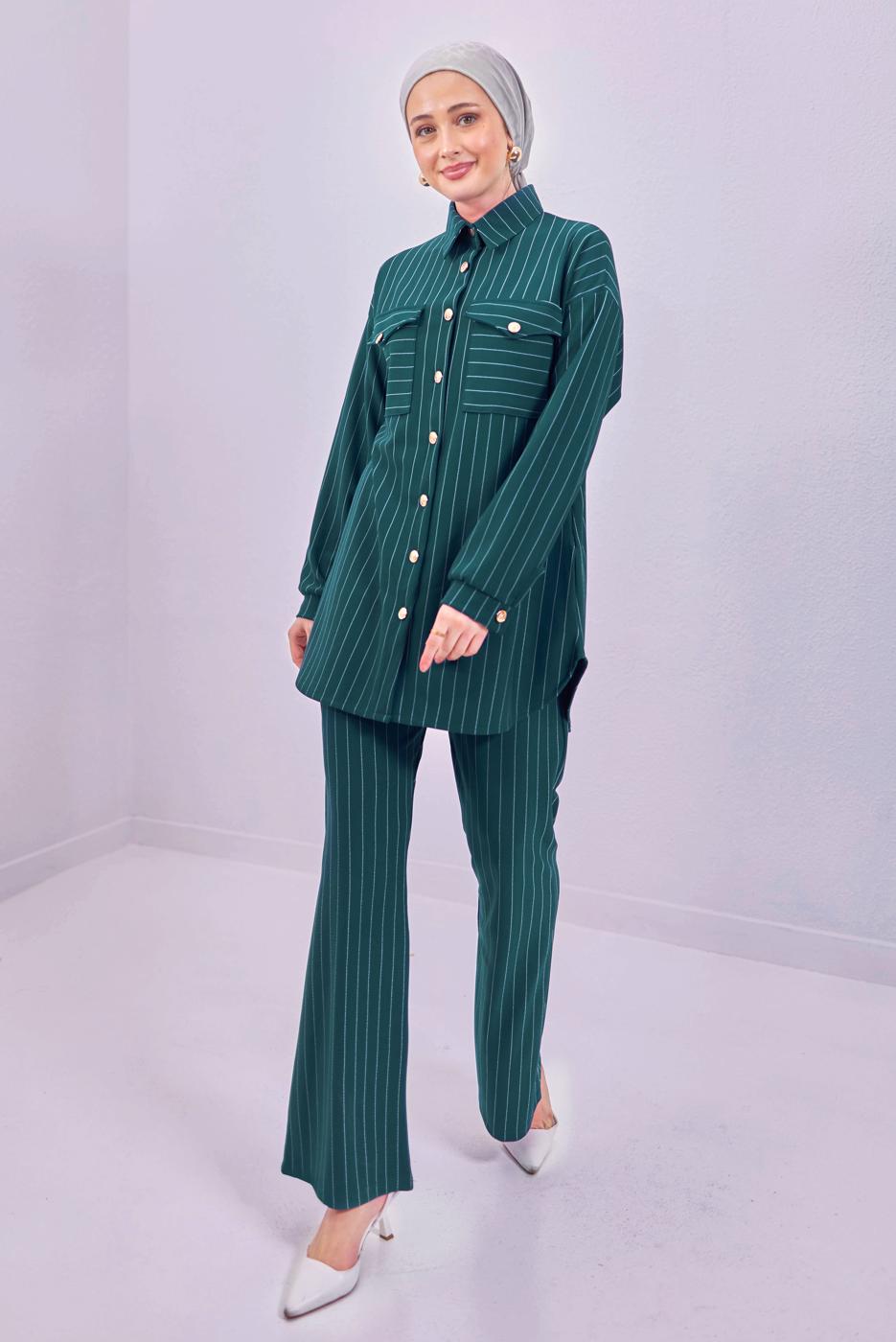 Tesettür giyim YEŞİL ÇİZGİLİ PANTOLONLU TAKIM T 6883
