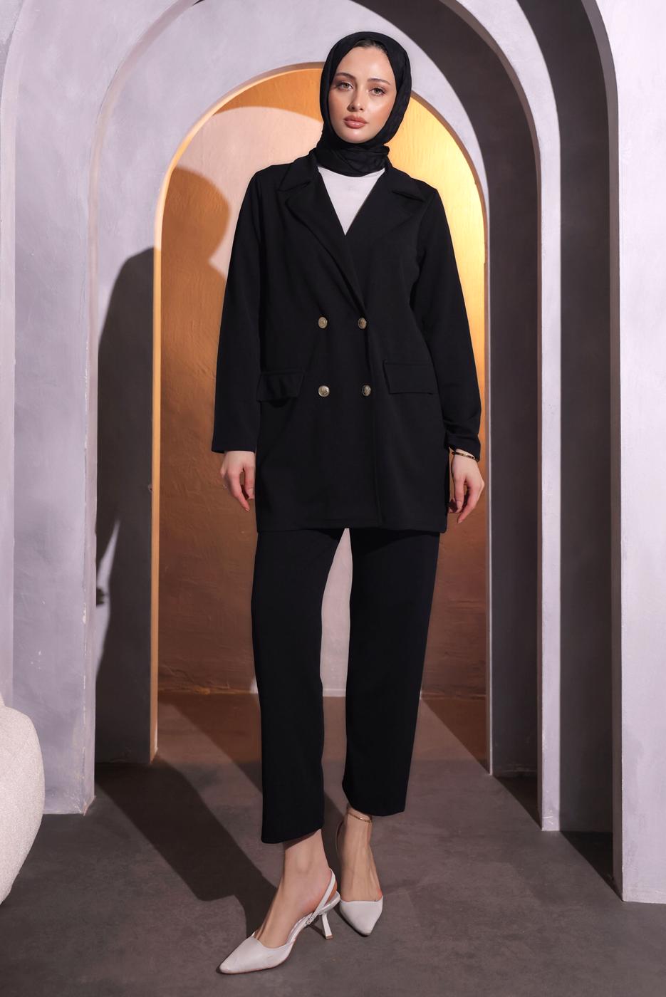 Tesettür giyim SİYAH KRUVAZE YAKA PANTOLONLU TAKIM T 7014