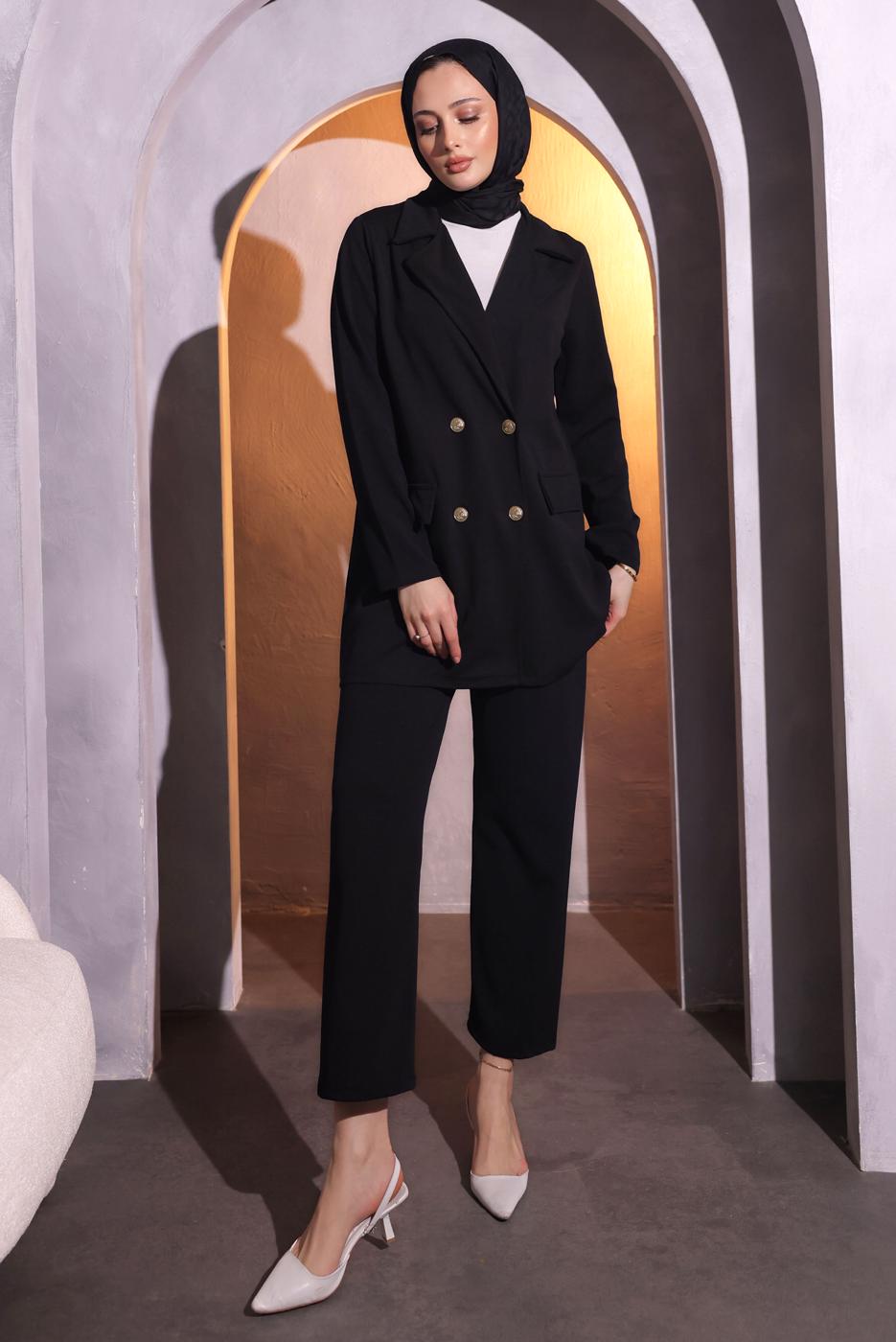 Tesettür giyim SİYAH KRUVAZE YAKA PANTOLONLU TAKIM T 7014