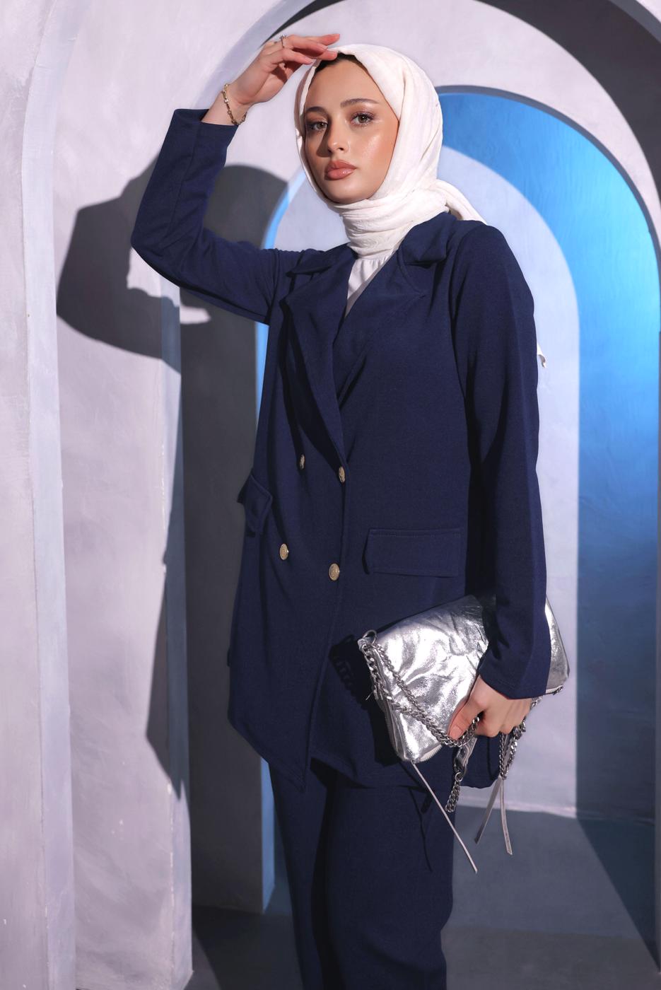 Tesettür giyim LACİVERT KRUVAZE YAKA PANTOLONLU TAKIM T 7014