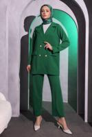 Tesettür giyim YEŞİL KRUVAZE YAKA PANTOLONLU TAKIM T 7014