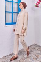 Tesettür giyim BEJ GÖMLEK YAKA PANTOLONLU TAKIM T 7083