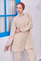 Tesettür giyim BEJ GÖMLEK YAKA PANTOLONLU TAKIM T 7083