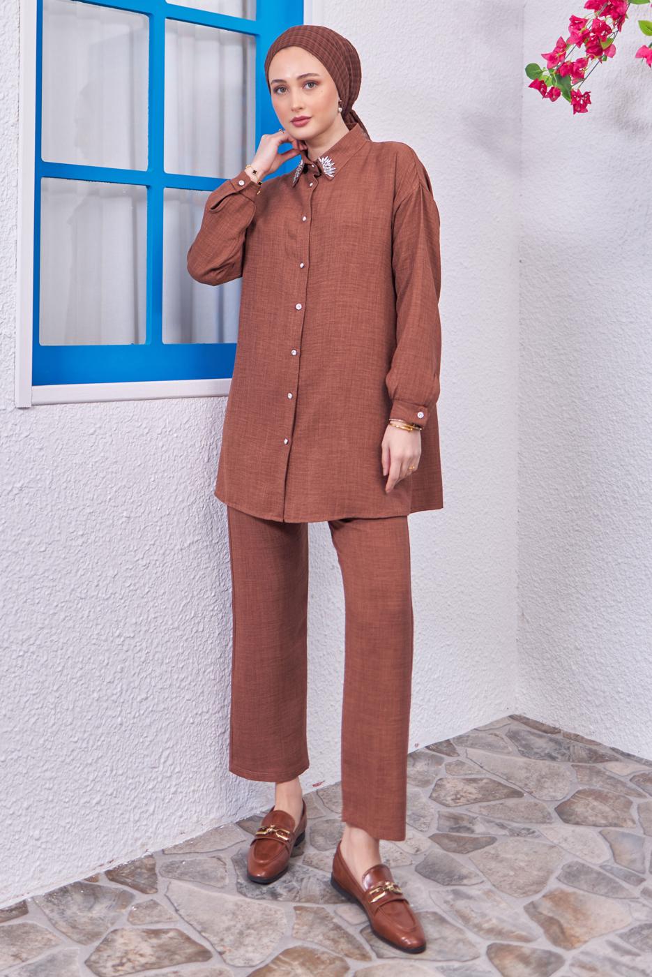 Tesettür giyim KAHVE GÖMLEK YAKA PANTOLONLU TAKIM T 7083