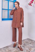 Tesettür giyim KAHVE GÖMLEK YAKA PANTOLONLU TAKIM T 7083