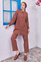 Tesettür giyim KAHVE GÖMLEK YAKA PANTOLONLU TAKIM T 7083