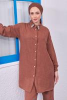 Tesettür giyim KAHVE GÖMLEK YAKA PANTOLONLU TAKIM T 7083