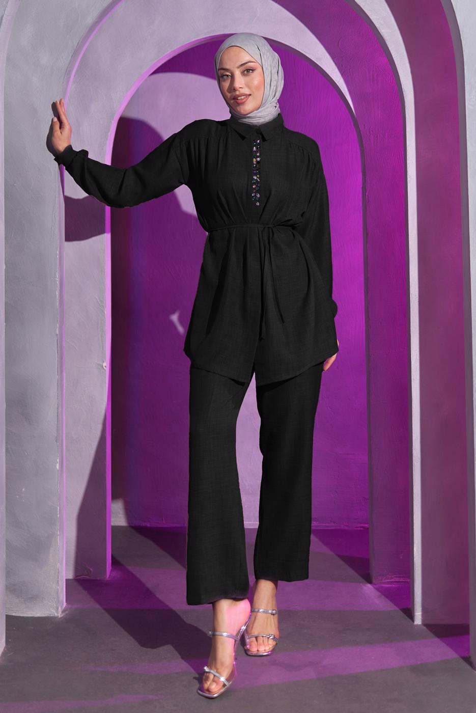 Tesettür giyim SİYAH BAĞCIKLI PANTOLONLU TAKIM T 7193