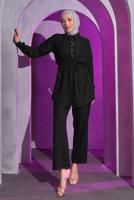 Tesettür giyim SİYAH BAĞCIKLI PANTOLONLU TAKIM T 7193