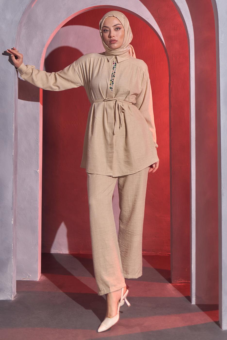Tesettür giyim BEJ BAĞCIKLI PANTOLONLU TAKIM T 7193