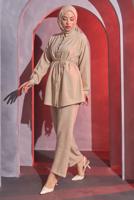 Tesettür giyim BEJ BAĞCIKLI PANTOLONLU TAKIM T 7193