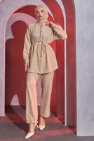 Tesettür giyim BEJ BAĞCIKLI PANTOLONLU TAKIM T 7193