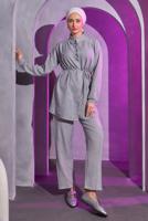 Tesettür giyim GRİ BAĞCIKLI PANTOLONLU TAKIM T 7193