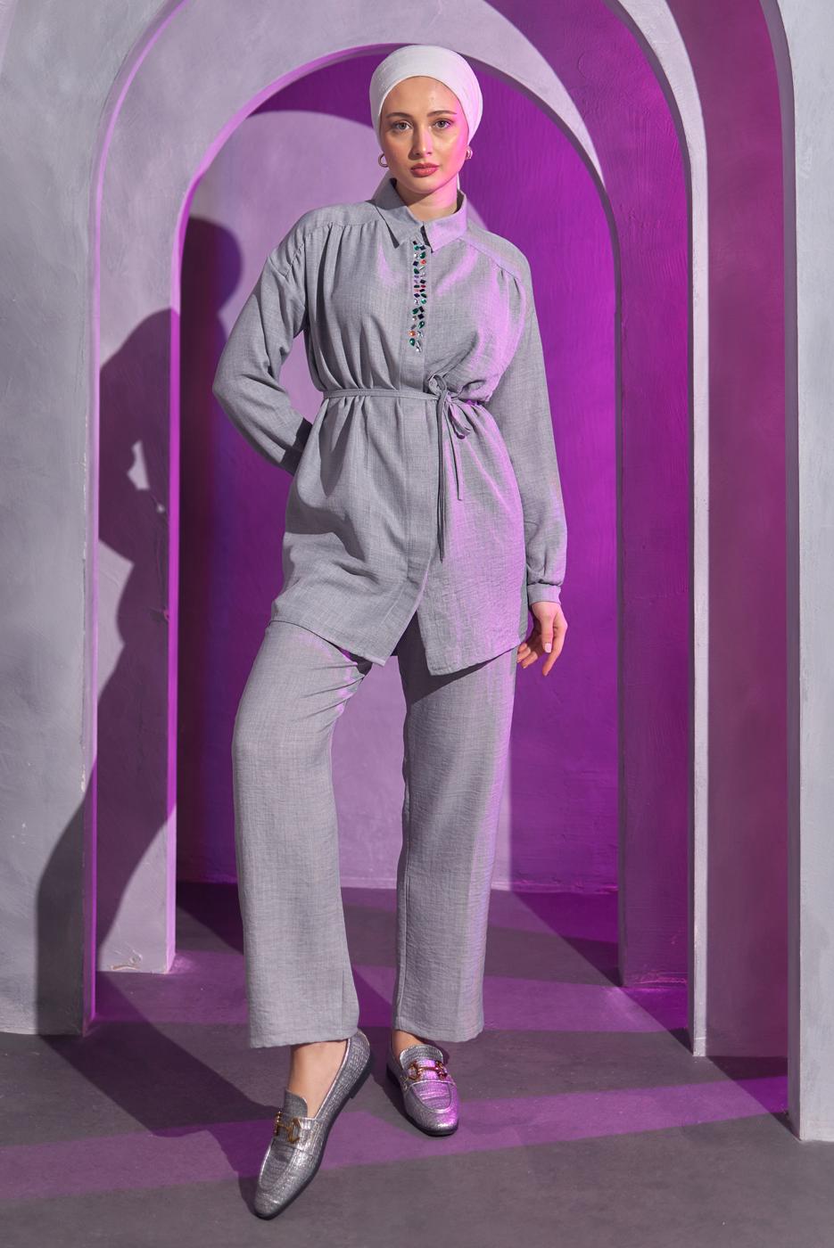 Tesettür giyim GRİ BAĞCIKLI PANTOLONLU TAKIM T 7193