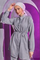 Tesettür giyim GRİ BAĞCIKLI PANTOLONLU TAKIM T 7193