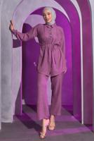 Tesettür giyim MOR BAĞCIKLI PANTOLONLU TAKIM T 7193