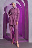 Tesettür giyim MOR BAĞCIKLI PANTOLONLU TAKIM T 7193