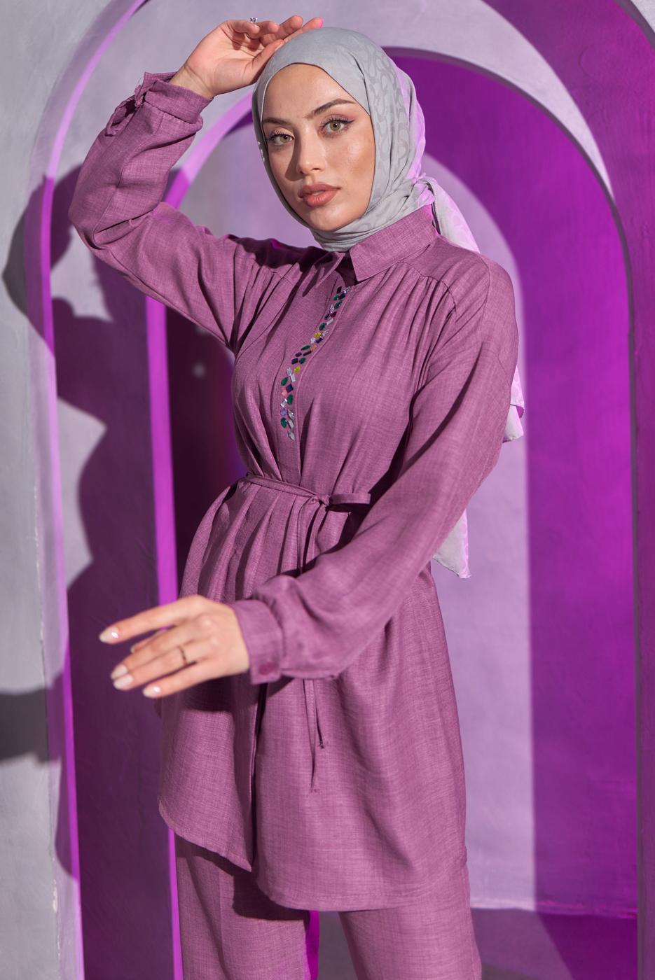 Tesettür giyim MOR BAĞCIKLI PANTOLONLU TAKIM T 7193