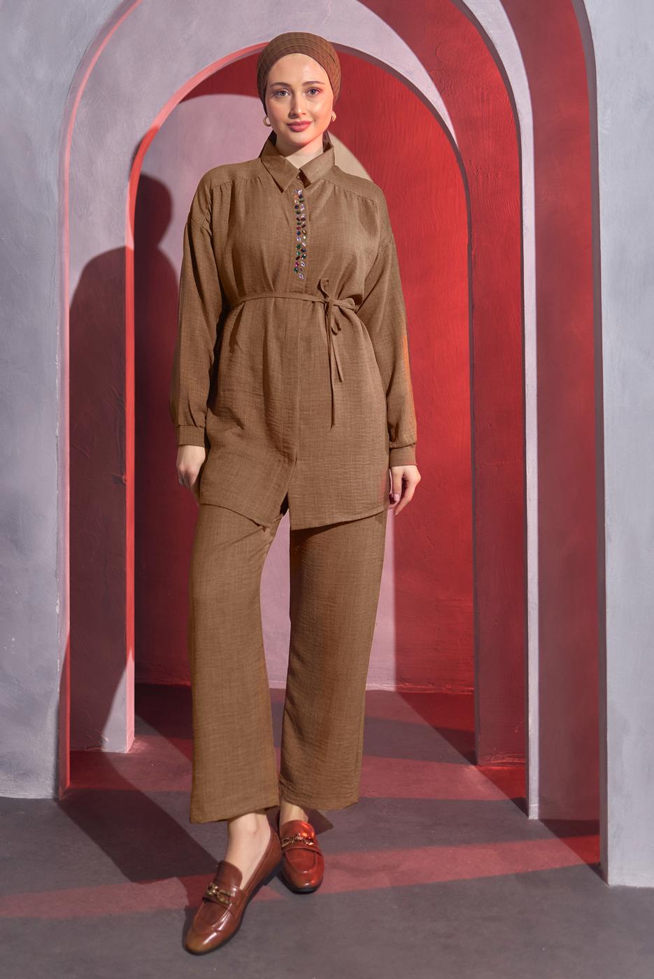 Tesettür giyim KAHVE BAĞCIKLI PANTOLONLU TAKIM T 7193