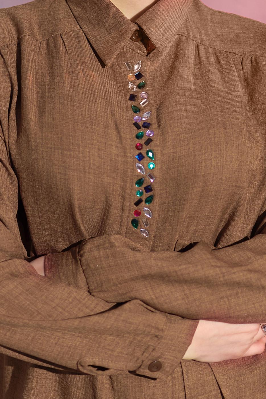 Tesettür giyim KAHVE BAĞCIKLI PANTOLONLU TAKIM T 7193