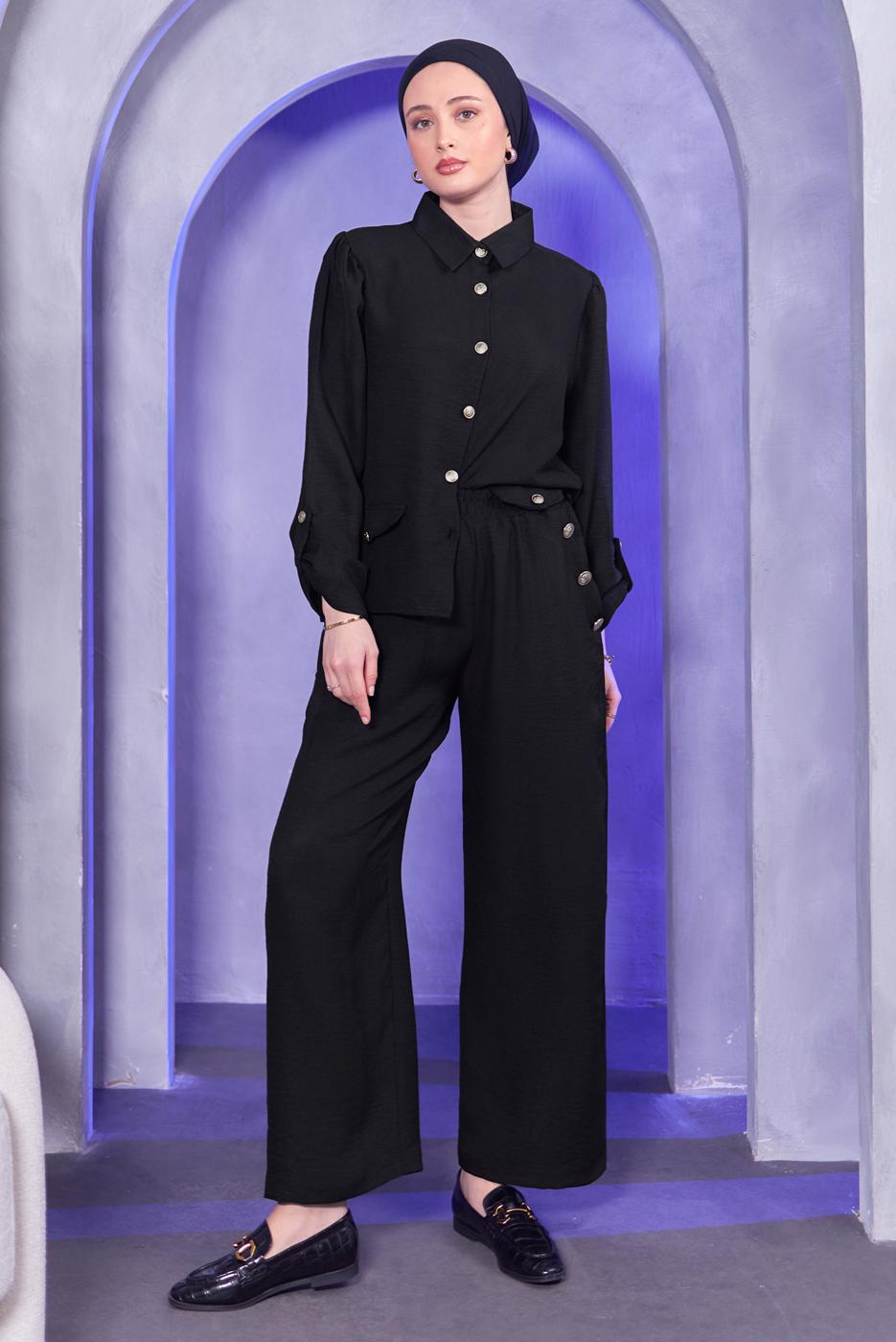 Tesettür giyim SİYAH GÖMLEK YAKA PANTOLONLU TAKIM T 7683