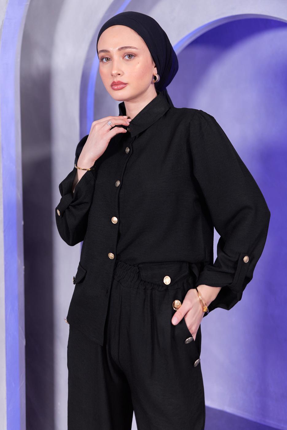 Tesettür giyim SİYAH GÖMLEK YAKA PANTOLONLU TAKIM T 7683
