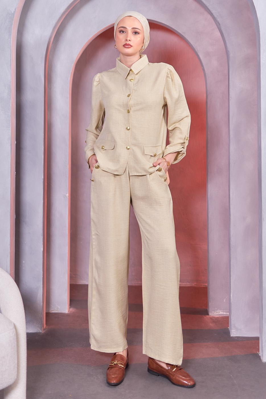 Hijab clothing BEIGE SHIRT COLLAR PANTS SUIT T 7683
