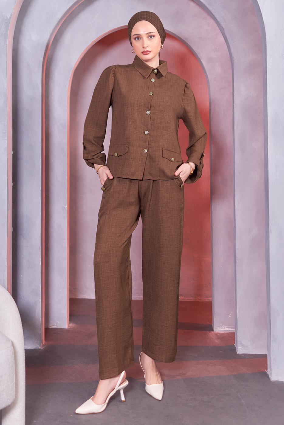 Tesettür giyim KAHVE GÖMLEK YAKA PANTOLONLU TAKIM T 7683