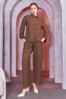 Tesettür giyim KAHVE GÖMLEK YAKA PANTOLONLU TAKIM T 7683