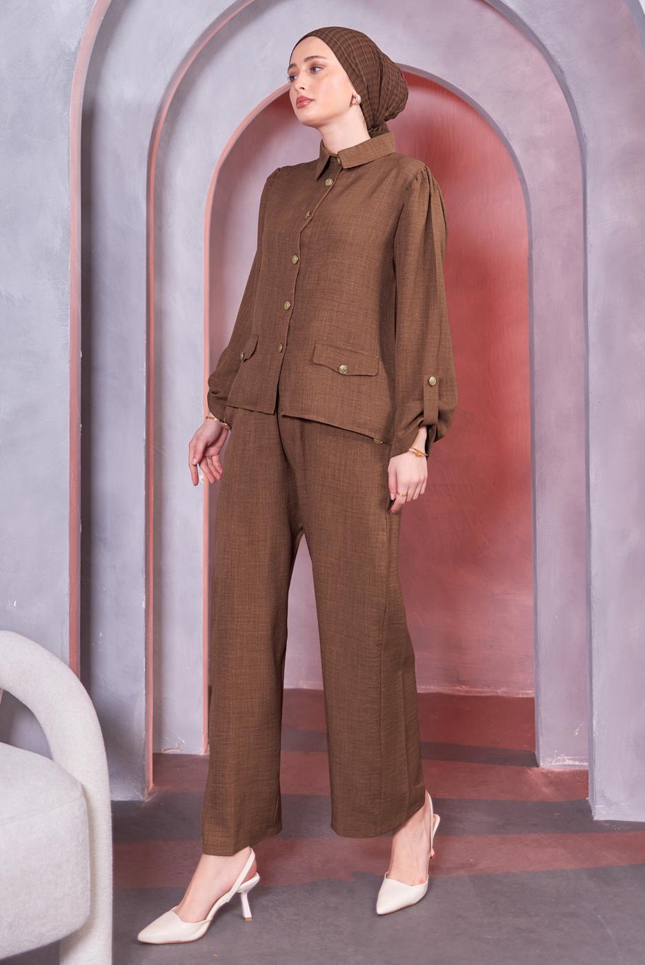 Tesettür giyim KAHVE GÖMLEK YAKA PANTOLONLU TAKIM T 7683